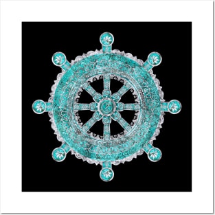 Dharma Wheel - Dharmachakra Silver and turquoise Posters and Art